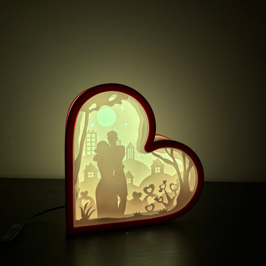 Personalized photo lamp with warm LED light featuring a custom love silhouette design