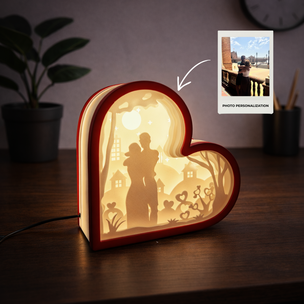 Personalized photo lamp with warm LED light featuring a custom love silhouette design