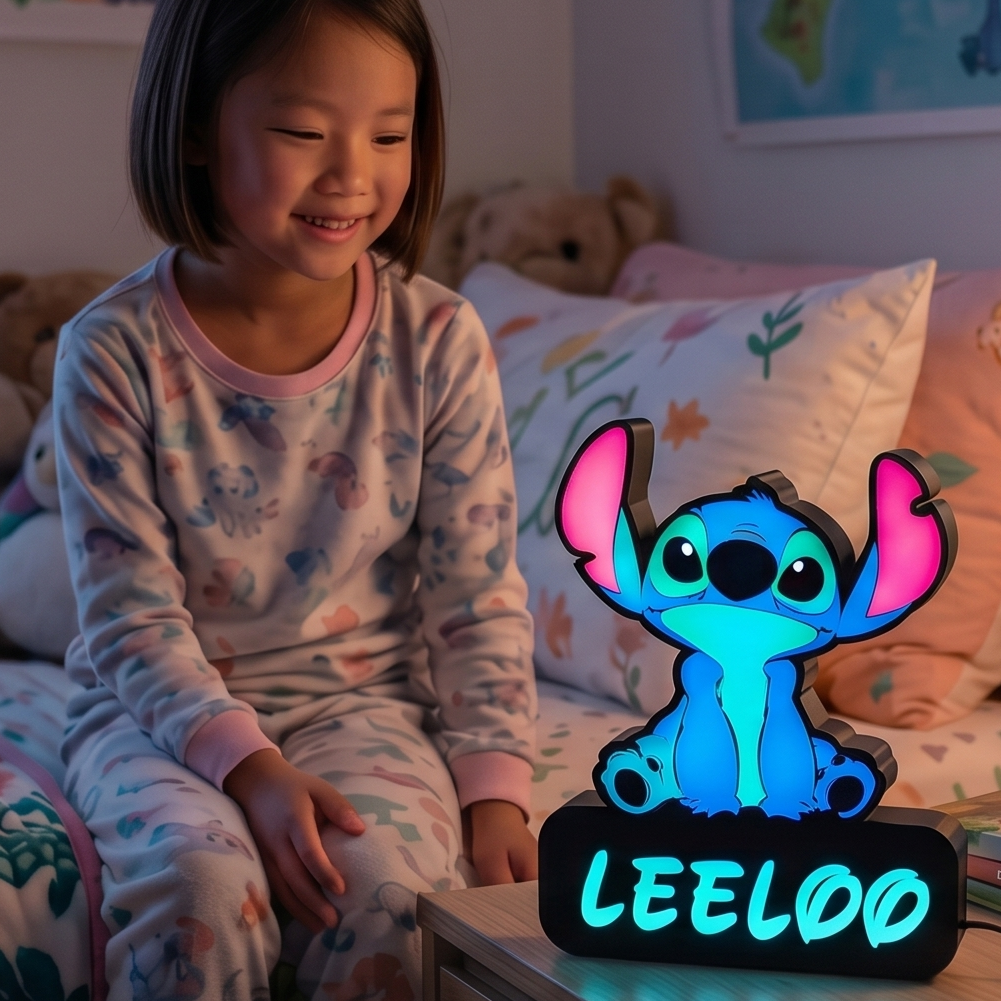 Child sitting on a bed with a stitch character lamp and books in a room decorated with plush toys and posters.