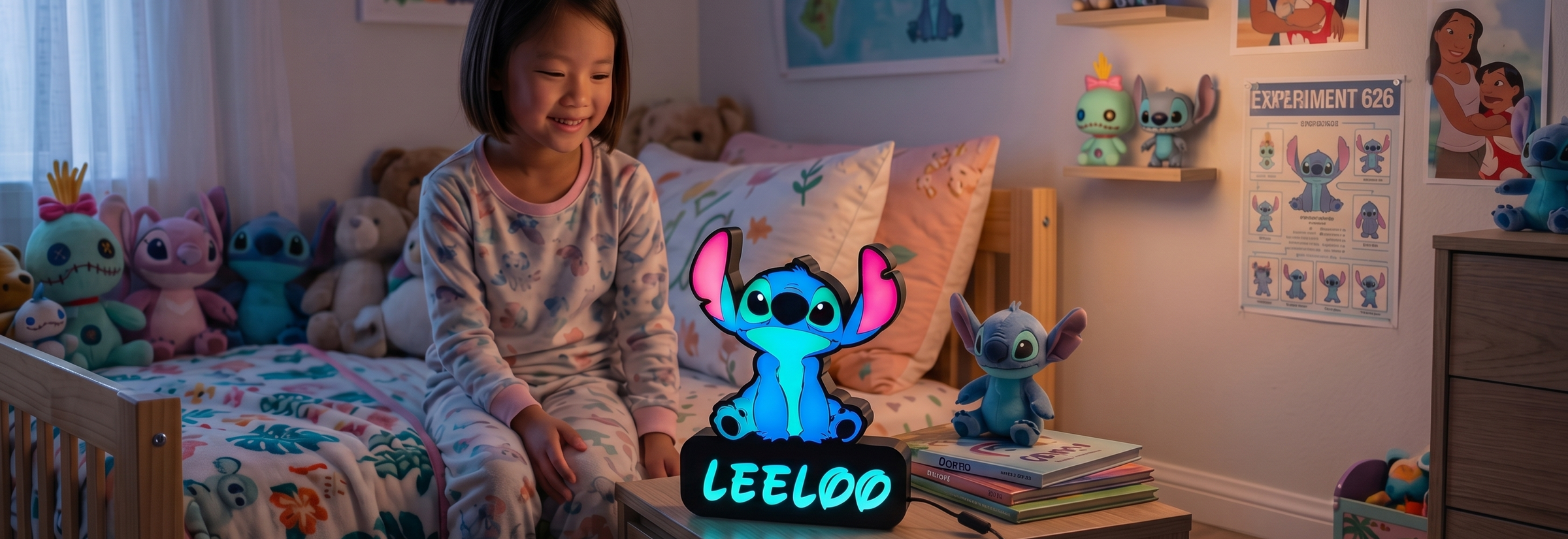 Child sitting on a bed with a Stitch lamp in a room decorated with cartoon-themed posters and toys.